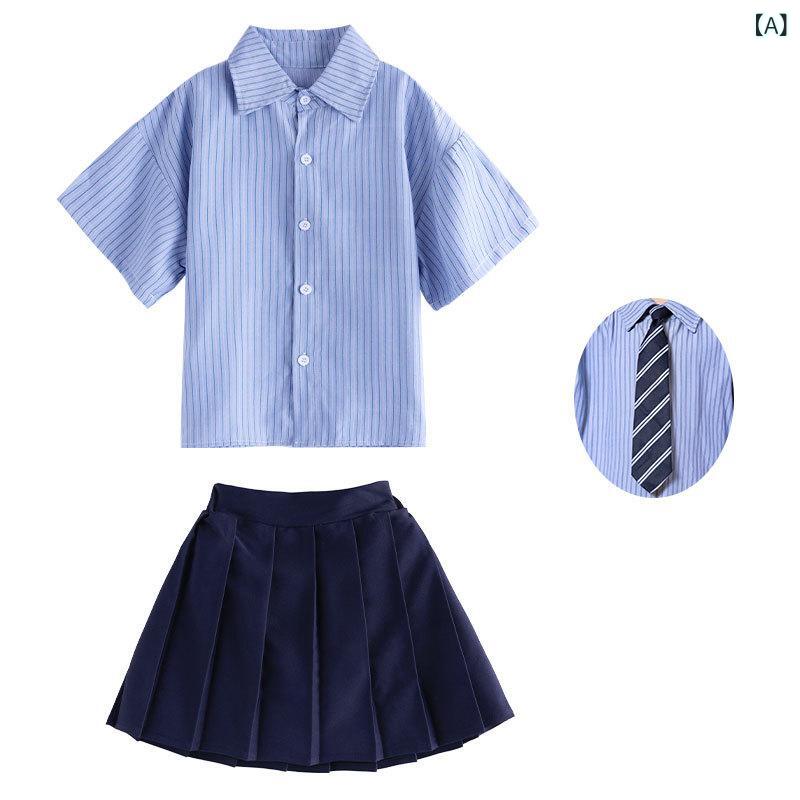 Rakuten - 子供用 ララチーム 演出服 学院風 制服 キッズ ダンス衣装 小学生 運動会 クラス服 合唱服 兄妹お揃い 綿素材 柔軟 短袖シャツ ネイビー 短スカート チェック柄 ネイビー ストライプ 領带 短パン グレー ソックス 英倫スタイル 通学 ステージ 男