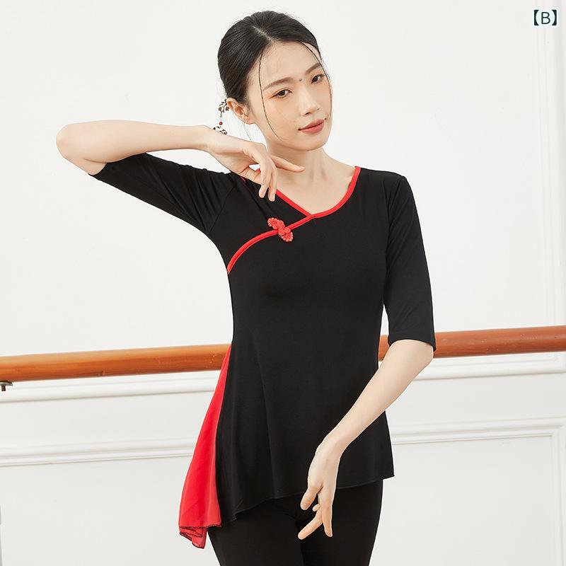 半袖 ダンストップス レディース 民族舞 中国舞 古典舞 練功服 形体服 夏季 春夏 秋 モダール コットン 85% 接触冷感 伸縮性 吸湿速乾 純色 ブラック レッド ブルー パープル 舞台用 ダンスウェア 女性用 ダンス練習着 動きやすい 軽量 通気 2