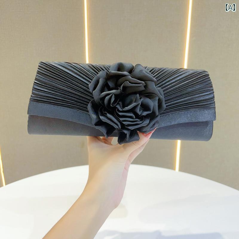 Under Arm Handbags, Pouches - ハンドバッグ メンズ レディース 小方包 百褶 花柄 チャイナ風 高級感 斜めがけ 宴会用 秋冬 ブラック シルバーグレー ベージュ ポリエステル 横型 花モチーフ プリーツ 日常使い 通勤 軽量 中硬度 カード入れ スマホポケット かわいい ショルダー