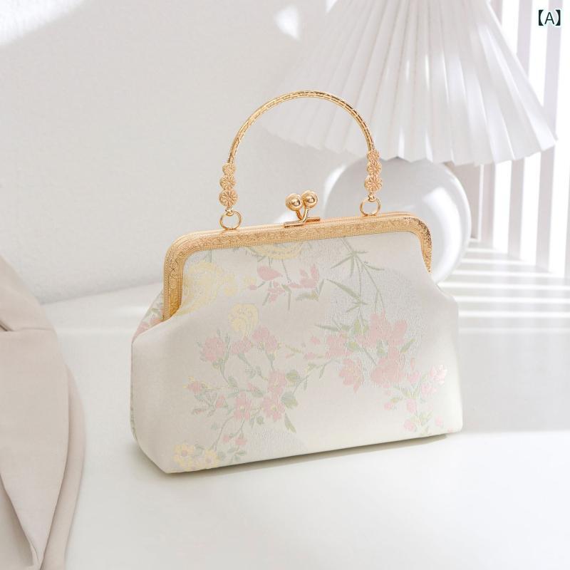 ハンドバッグ 女性用 シルク 刺繍 花柄 水饺型 小さめ チェーン 斜め掛け ショルダー バッグ 手持ち ピーチバッグ 竹葉柄 春夏 混搭 ソフト 証件収納 休闲旅行用 切り替え