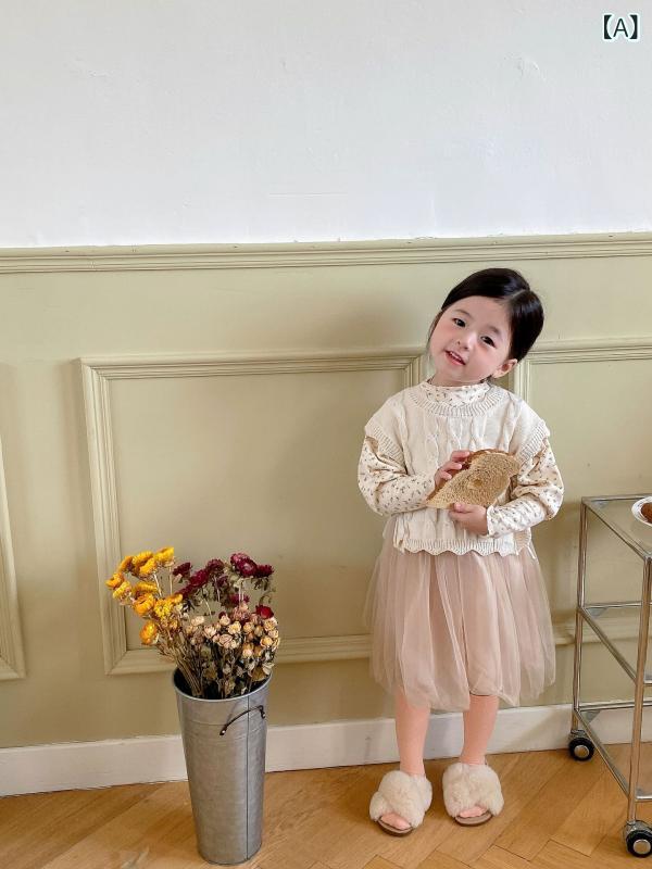 女児 ベスト 秋 綿 柔らか プリンセス 蝶結び セットイン 無地 無帽 女の子 中小童 3〜8歳 100〜140cm 杏色 卡其色 織り リブ かわいい 普段使い 部屋着 トップス