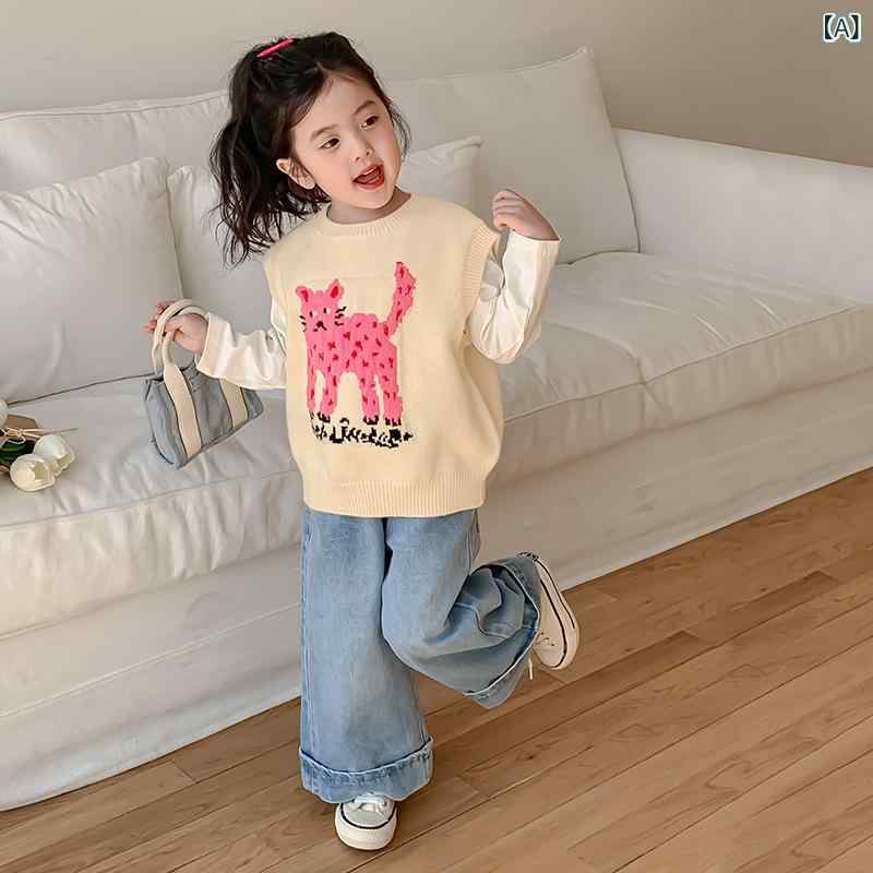Sweater - 女児 ベスト キッズ 女の子 春秋 秋冬 春夏 ニット 背心 キャミソール 子供服 上着 トップス 柔らか素材 アクリル混 動物柄 卡通柄 かわいい プリンセス トレンド 米色 グレー セットイン プルオーバー 中小児 100-140cm 通学 普段使い