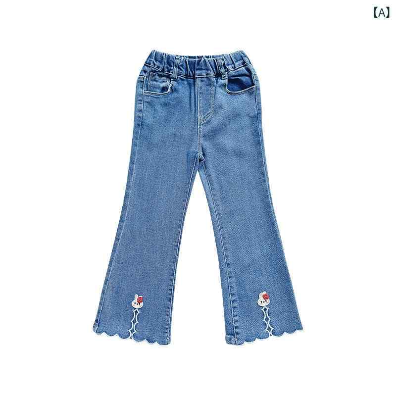 女の子 デニムパンツ キッズ 秋 長ズボン 喇叭パンツ 小花柄 綿 柔らかい 韓国風 中腰 ブルー かわいい プリンセス トレンド 普段使い 伸縮性 切り替え 秋冬 通学 休闲