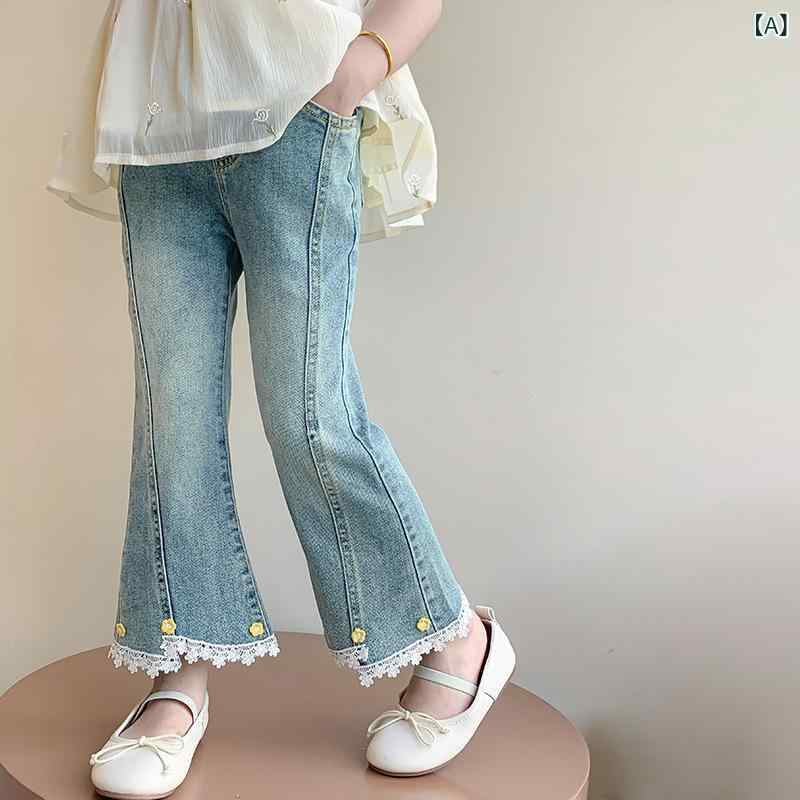 女児 牛仔パンツ 女の子 キッズ 夏季 薄手 コットン 柔らかい 長ズボン ミディアムウエスト 伸縮性 ゴムウエスト かわいい プリンセス トレンド 韓国風 夏服 ライトブルー クールビズ 普段使い 遊び着 通学