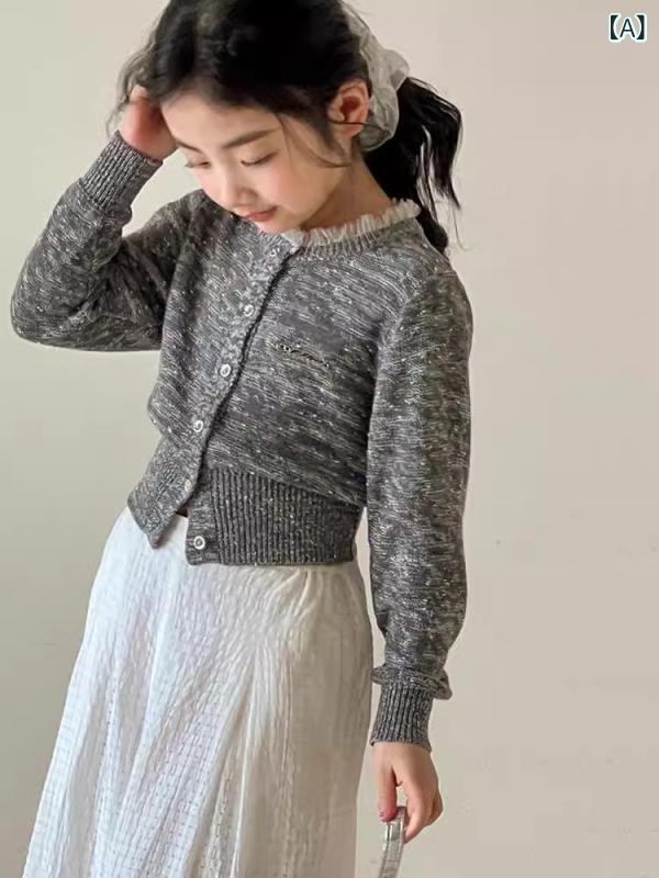 Sweater - 女児 カーディガン 開衫 トップス メンズ 女の子 子供服 春 春夏 秋 短め丈 長袖 丸首 綿 柔らか素材 切り替え ピンク系 グレー かわいい プリンセス シンプル 普段使い 伸縮性