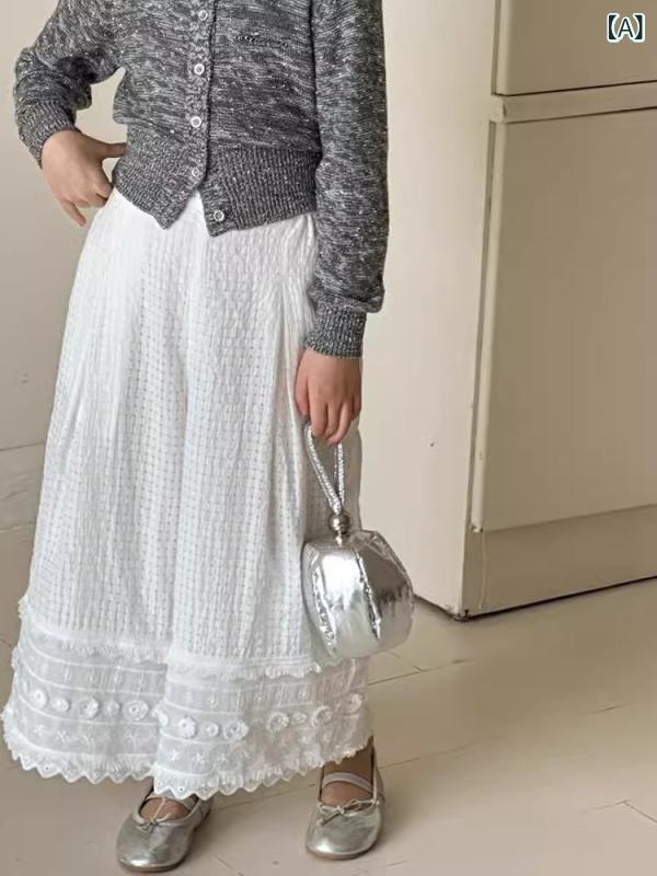 女児 キッズ 女の子 長ズボン ワイドパンツ クロップドパンツ 阔腿裤 綿 柔らか素材 中腰 ゴムウエスト レース レースエッジ 純色 米白 アイボリー かわいい プリンセス トレンド 春夏 春秋 通学 普段使い カジュアル
