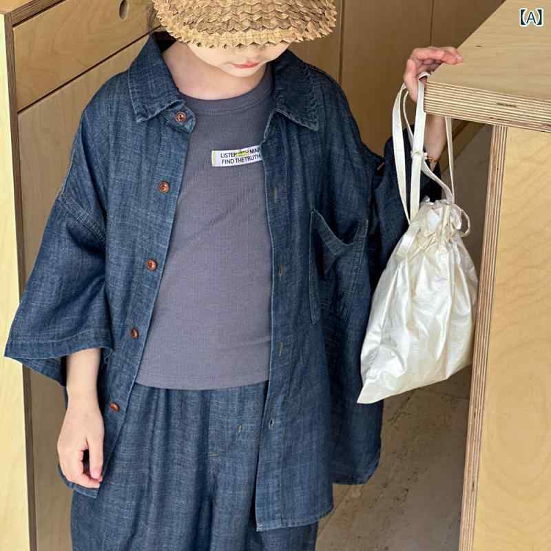 女の子 春夏 トップス セット 子供服 接触冷感 牛仔 短袖 シャツ スカート 薄手 綿...