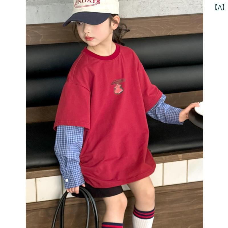 女児 長袖 Tシャツ トップス 韓版 切り替え 偽ツーピース 春秋 中大童 綿100 柔軟 保暖 丸首 かわいい 卡通 プリンセス 酒紅 110cm 120cm 130cm 140cm 150cm 160cm