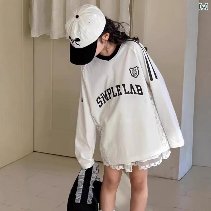 樂天商城 - 子供 女の子 トップス 長袖 Tシャツ 春 春季 綿 吸湿排汗 柔軟 切り替え 丸首 字母 プリント かわいい 運動 田園 卡通 プリンセス 潮流 米白色 中大童 女児服
