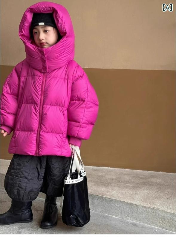 女の子 ダウンジャケット キッズ 冬服 連帽 コート 中大童 女児 秋冬 加厚 白鴨絨 ポリエステル 柔軟 韓国風 ワイドシルエット 中長丈 長袖 ジッパー かわいい プリンセス 潮 田園 ピンク系 玫紫 ルーズフィット
