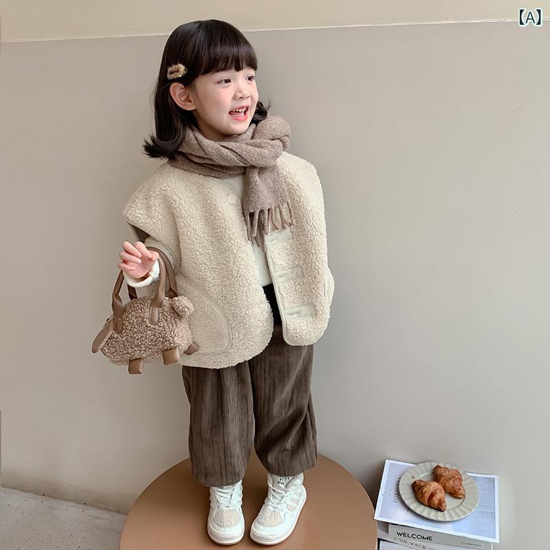 女の子 キッズ 馬甲 背心 秋冬 加厚 開衫 単排扣 純色 米色 聚酯繊維 柔軟 厚手 無帽 韓版 カジュアル 中小童 普段使い 部屋着 冬装 暖かみ プリンセス かわいい トレンド