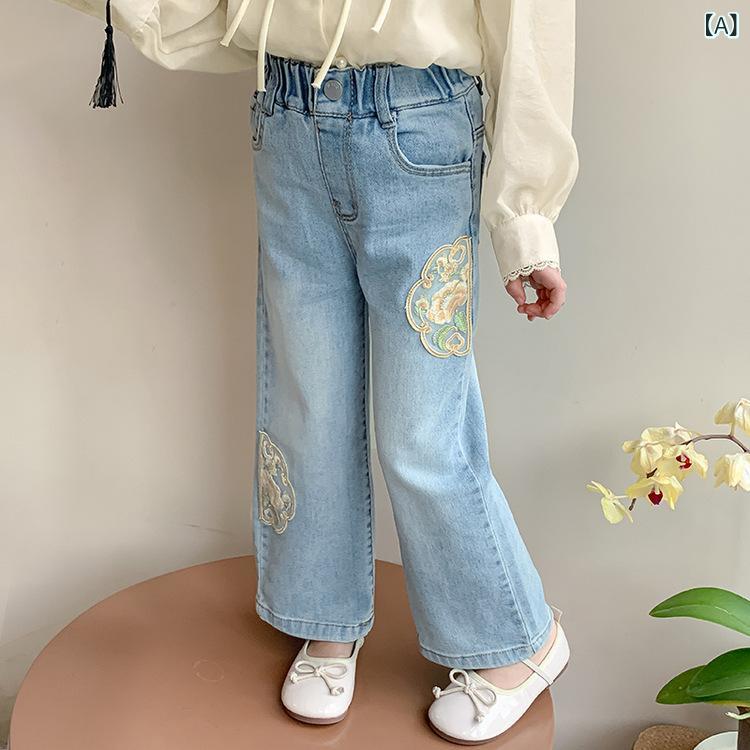女の子 牛仔パンツ 秋冬 綿 デニム 直筒 ワイドレッグ 中腰 長ズボン 柔らかい 韓国風 純色 ブルー 子供服 3〜8歳 通学 普段使い 動きやすい 伸縮性 安全 B級 春秋 田園 かわいい プリンセス スポーツ