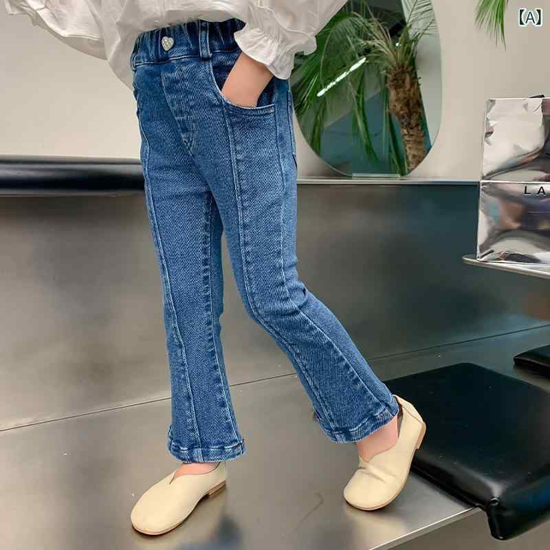 女児用 デニムパンツ 春夏 コットン 伸縮性 中腰 スリムフィット フレア 韓国風 長ズボン 基本款 子供服 普段使い 軽量 カジュアル ブルー 女の子 3〜8歳