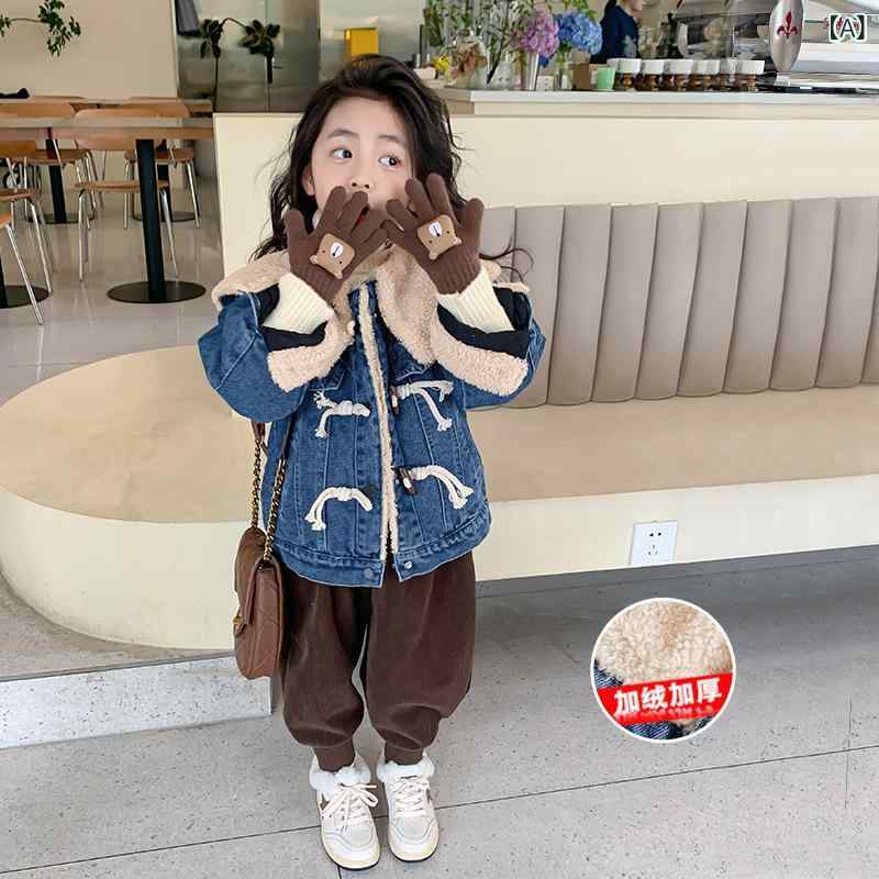女児 キッズ 女の子 コート ジャケット 外套 牛仔 デニム 上着 長袖 短丈 冬 秋冬 冬季 加厚 暖かみ 綿 コットン 柔軟 フードなし スタンドカラー 大襟 羊毛風 フワフワ 単排ボタン 韓国風 かわいい プリンセス スポーツ ブルー 紺色 3〜8