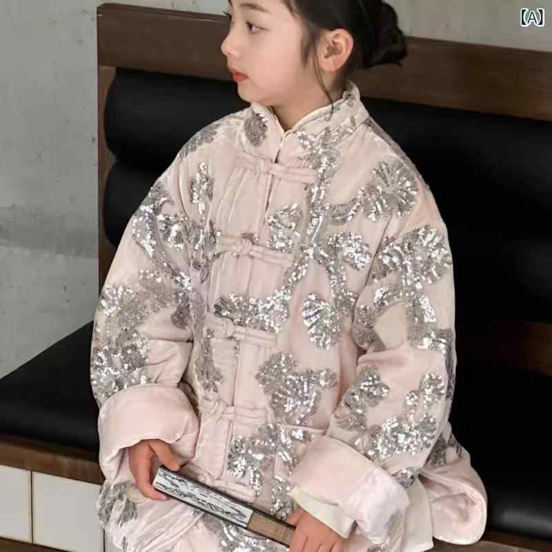 女児 コート キッズ 女の子 中大童 秋冬 チャイナドレス風 刺繍 上着 盤ボタン 綿混 ポリエステル 柔らか 加厚 花柄 フラワーデザイン 翻領 スタンドカラー 浅ピンク 藕粉色 かわいい プリンセス 韓国風 フリースライナー 防寒 軽量 伸縮性 普段