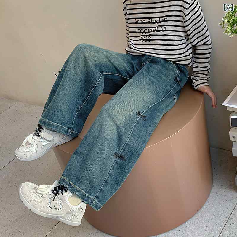 女の子 デニムパンツ 秋 子供 直筒 ワイドレッグ 韓版 長ズボン 綿 中腰 柔軟素材 ...