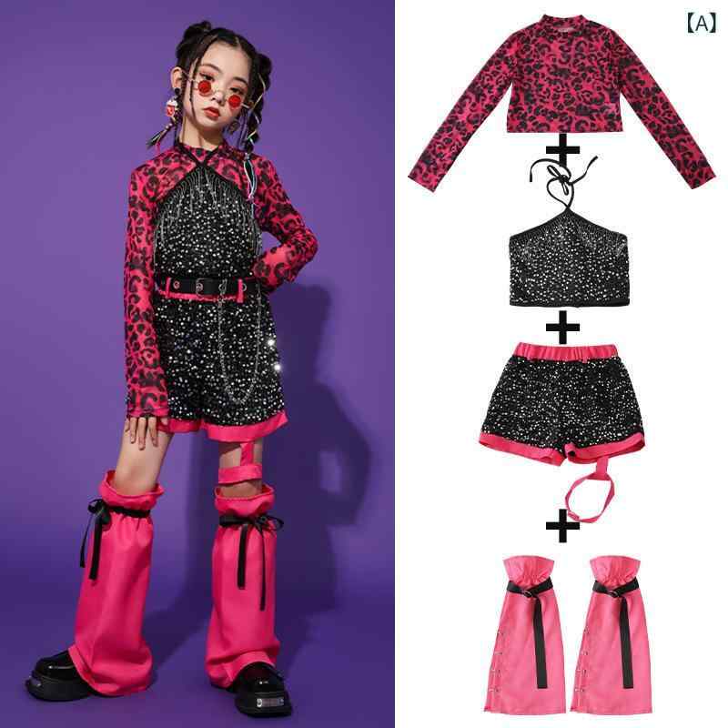 乐天商城 - 子供 キッズ 女の子 ジャズダンス ストリートダンス 衣装 セット 女児 演出服 ステージ衣装 タキシード風 スパンコール 光沢 綿 柔らかい 伸縮性 通年 普段使い ダンスパフォーマンス 学院風 かわいい セットアップ トップス ボトムス 子供用 ジュ