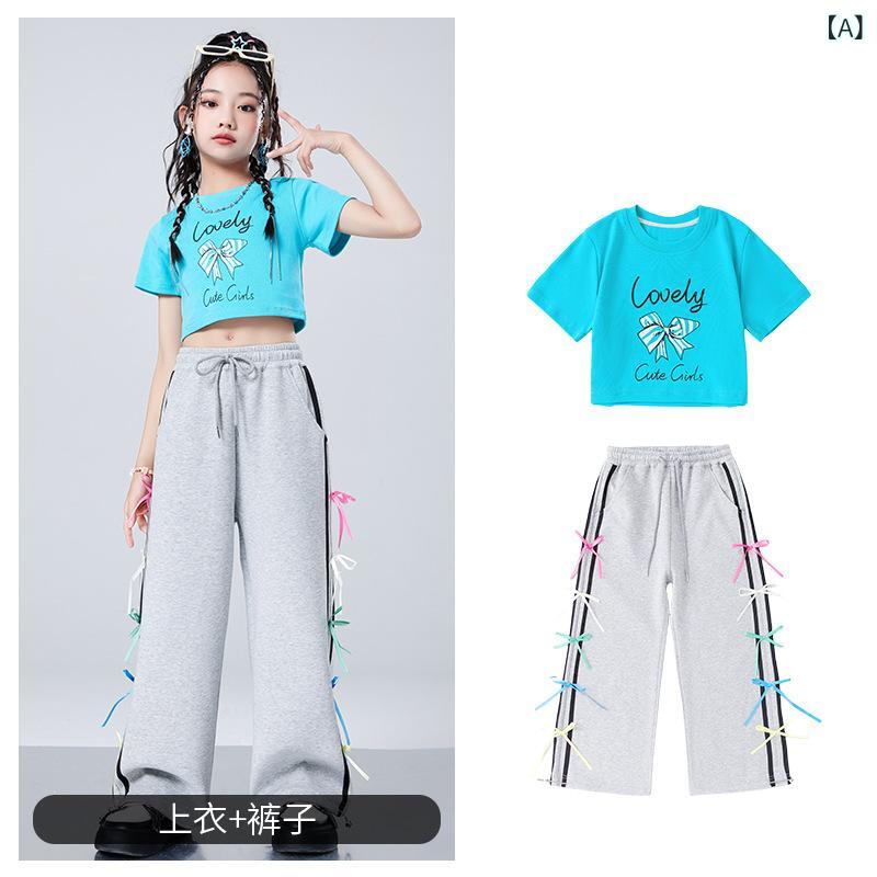 キッズ 女の子 ストリートダンス 衣装 セット 湖ブルー 蝶結び 短袖 トップス 彩色...