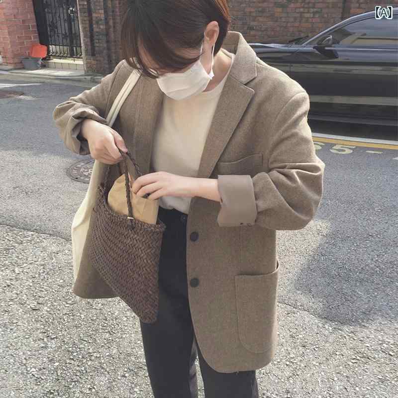 乐天商城 - コート レディース 燕麦色 羊毛 ウール 混紡 ロングコート 西装領 長袖 ワイドシルエット スリム効果 秋冬 春 気質 通勤 普段使い 軽量 柔らか 暖かみ 韓国風 復古 かわいい 小柄対応 女性用 トップス ジャケット ニット