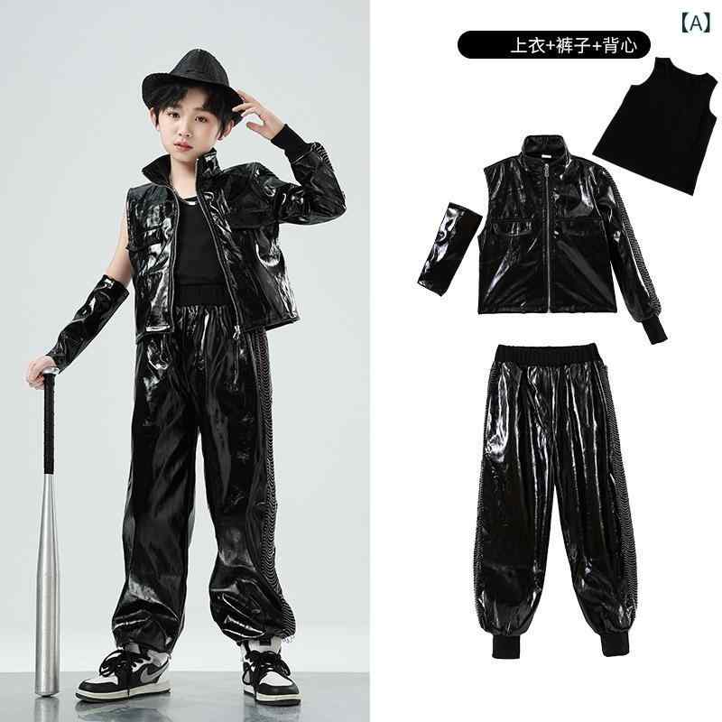 乐天商城 - キッズ 男の子 ダンス衣装 街舞 ヒップホップ ジャズダンス セット トップス ズボン ブラック 光沢 光る レザー 風 綿素材 柔らかい 伸縮性 通年 普段使い ステージ パフォーマンス 学院風 カジュアル