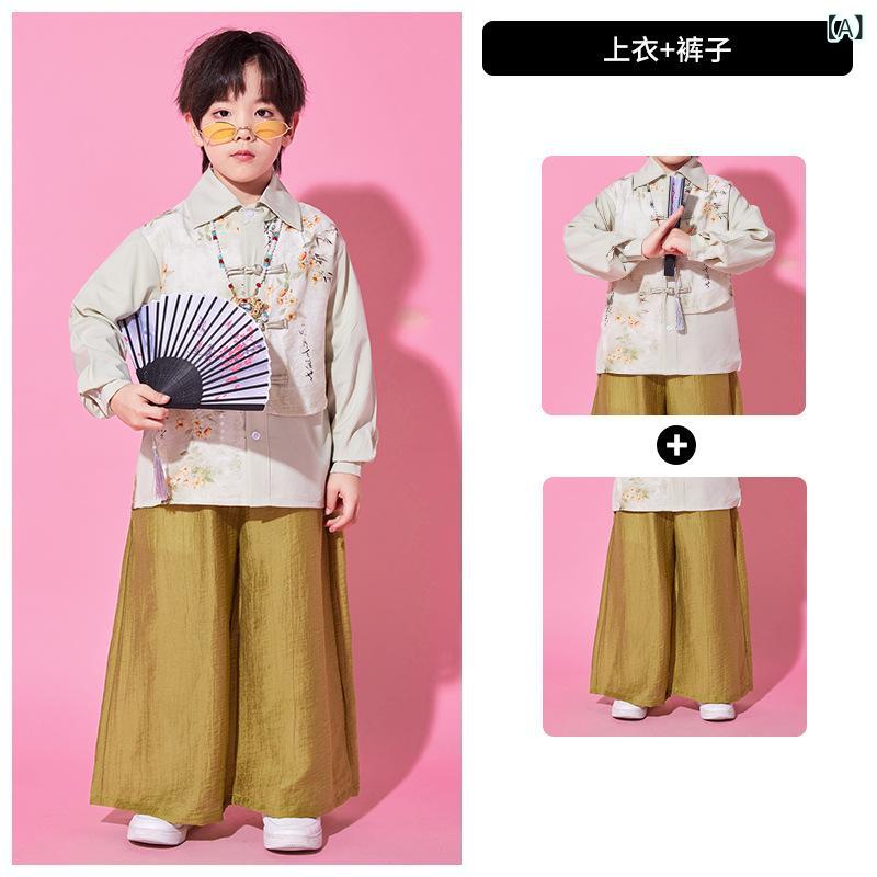 乐天商城 - 子供 演出服 中国風 漢服 合唱 表演服 男女童 古風 ダンス服 小学生 運動会 コットン 柔軟 セットアップ 学院風 通年 中性 柔軟素材 軽量 伸縮性 通学 普段使い ステージ 衣装 セット