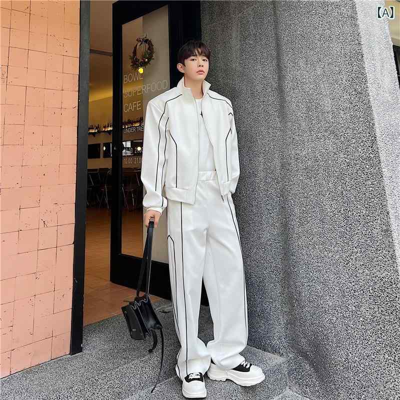 メンズ トップス 開衫ジャケット ワイドパンツ セット 春秋 秋冬 港風 ポリエステル 涤纶100 長袖 長ズボン ゆるシルエット デザイン性 ストリート カジュアル 普段使い 通勤 白色 ブラック