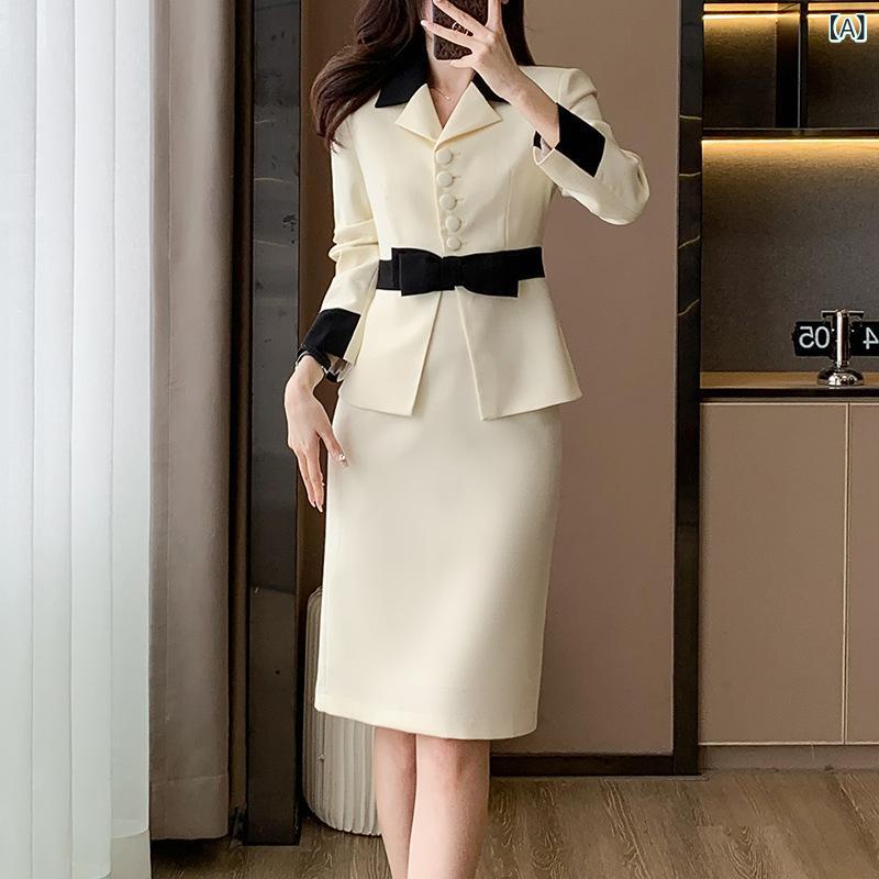 乐天商城 - スカートセット 女性用 春夏 法式 名媛風 気質 優雅 職業服 西装 ツーピース OL 通勤用 長袖 中丈スカート ポリエステル 再生繊維 米白 ピンク系 ハイウエスト 軽量 伸縮性
