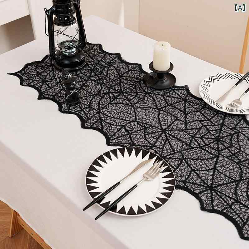 テーブルランナー 黒 蜘蛛の巣 網目 ハロウィン 万聖節 鬼屋 派對 飾り 雰囲気 撮影布 テーブルクロス ポリエステル 涤纶 100% 美式 スタイル 30x110cm 黒色 テーブルデコレーション ダイニング 商用 空間 ランナー 布 切り抜き デザ