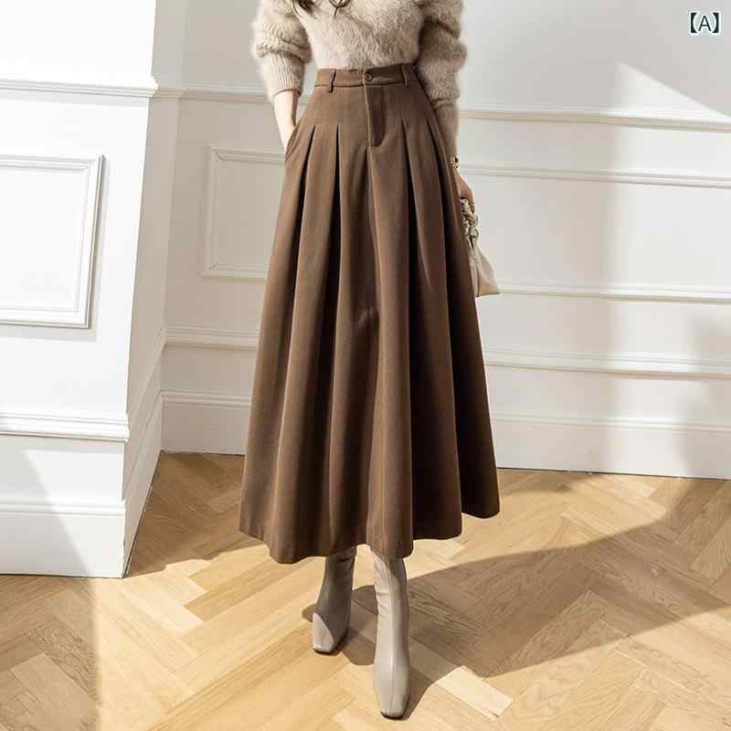 Falda larga Otoño Invierno Media falda para mujer Cintura alta Interruptor plisado Mezcla de lana acampanada grande Cachemira Micro Elástico Hilo metálico Tejido plisado Largo Fuerte Beige Color Negro Temperamento Elegante Furu Harbor Estilo Uso diario Conmutador Estiramiento Ligero Cálido U