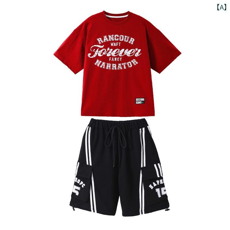 キッズ 男女 ヒップホップ ダンス セット 潮服 ストリートファッション 短袖 上衣 ...