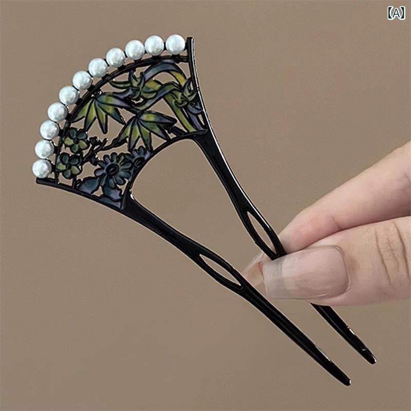ヘアアクセサリー 女性用 扇形 U型 簪 花卉 デザイン 合金製 電気メッキ加工 古風 ...