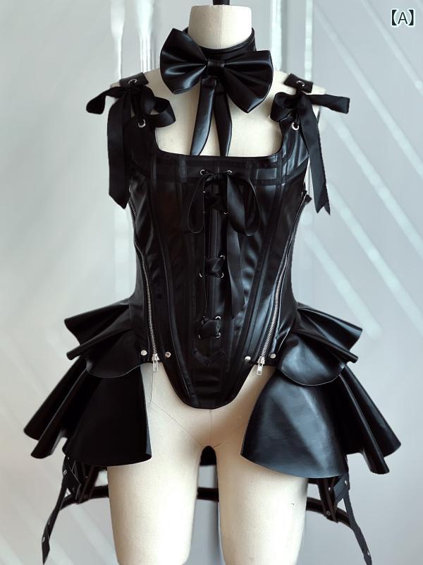 ワンピース ミニスカート ブラック PUレザー コスプレ ゴスロリ 無袖 ワンショルダー ハイウエスト 切り替え コルセット 蝶結び リボン バックル クロスストラップ 傘型 ウエストシェイプ ドローストリング プリーツ ストリートファッション 夏 かわ