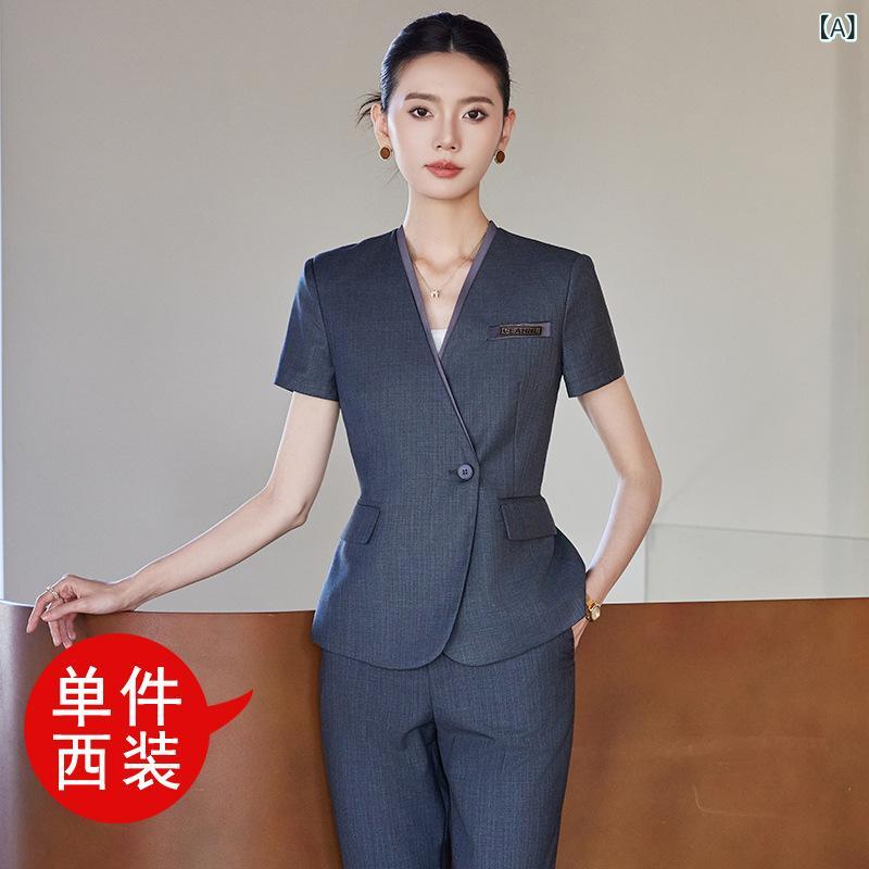 レディース スーツ セット グレースーツ ブラックスーツ ネイビースーツ 三分袖 夏用 薄手 仕事着 事務服 制服 ポリエステル 混紡 長ズボン ショートスカート 高級感 通勤 接待 ホテル ビジネス