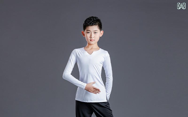 男児 ラテン ダンス 練習着 セット 子供 男の子 葫芦领 長袖 短袖 上衣 黒 白 色 シルク ベルベット 再生繊維 伸縮性 練習 競技 演出 通年 室内 練習用