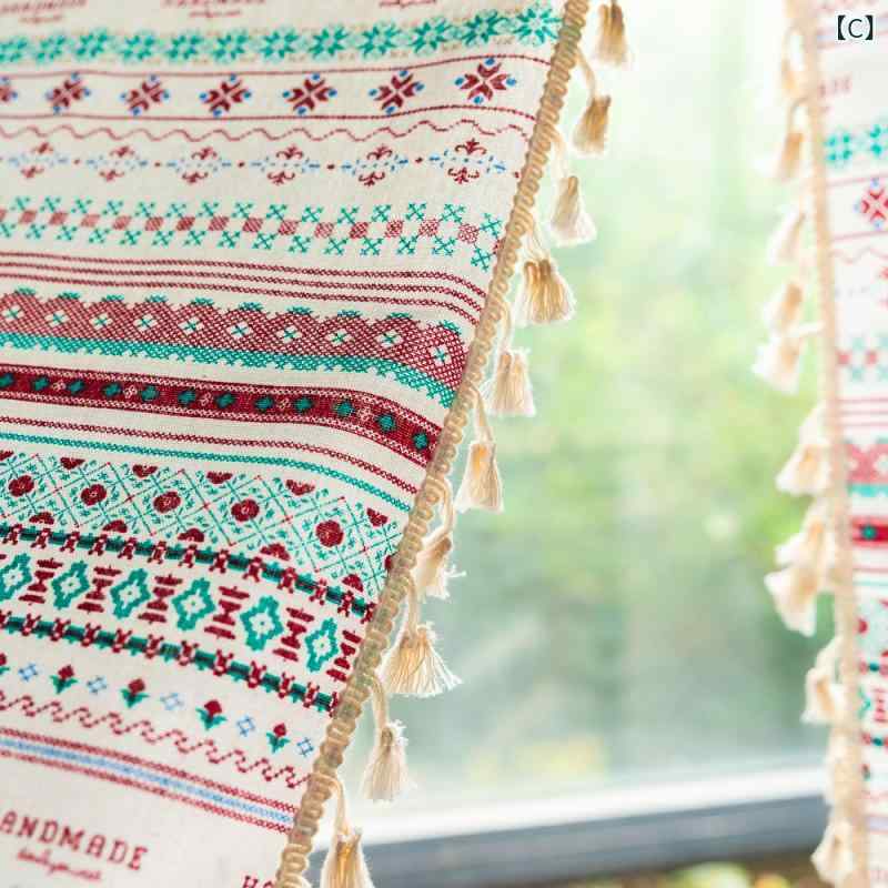カーテン ショートカーテン ドアカーテン ボヘミアン 刺繍 プリント 布地 半遮光 ...