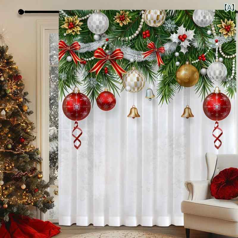 クリスマス カーテン 窓 装飾 レース カーテン 3D プリント ポリエステル 半遮光 クリスマス柄 花柄 ウィンター リビング 寝室 書斎 ダイニング キッチン 玄関 バルコニー 商用 美式 スタイル チューブ式 フック 通し棒 装飾用 室内 遮光カー
