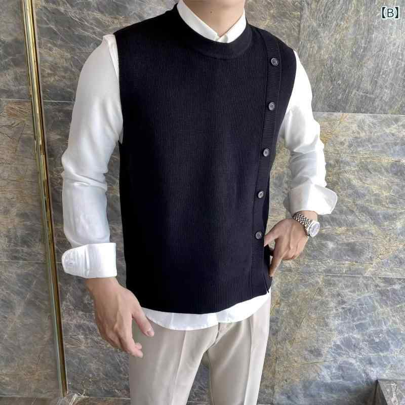 ニット ベスト メンズ 秋冬 無袖 トップス 丸首 単排扣 合体型 羊毛混 免烫加工 通勤 普段使い 軽熟風 コーヒー ブラック グリーン ゆったり 暖か コスパ抜群 narukimar-10737525 naruki サンプル画像2