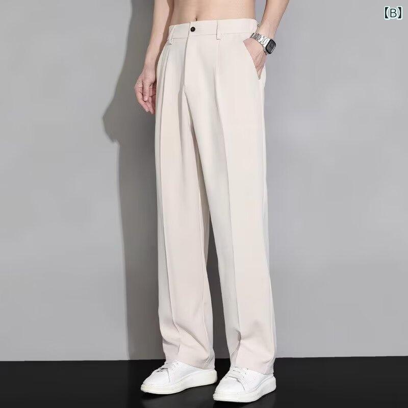 narukiのメンズ 西装パンツ 直筒 夏用 薄手 接触冷感 ワイドレッグ ゆったり ビジネス スーツ ズボン コットン混紡 ポリエステル 微弾性 ノンアイロン 深グレー 卡其 ブラック カジュアル 通勤 普段使い 垂れ感 軽量 吸湿速乾 青少年 成人用｜アングル2