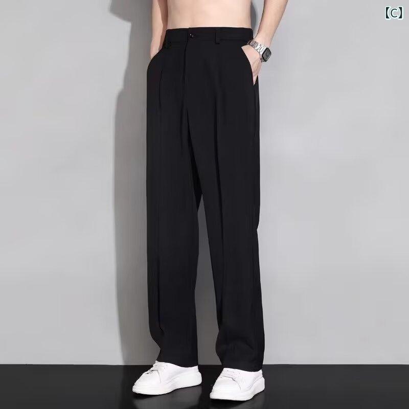 narukiのメンズ 西装パンツ 直筒 夏用 薄手 接触冷感 ワイドレッグ ゆったり ビジネス スーツ ズボン コットン混紡 ポリエステル 微弾性 ノンアイロン 深グレー 卡其 ブラック カジュアル 通勤 普段使い 垂れ感 軽量 吸湿速乾 青少年 成人用｜アングル3