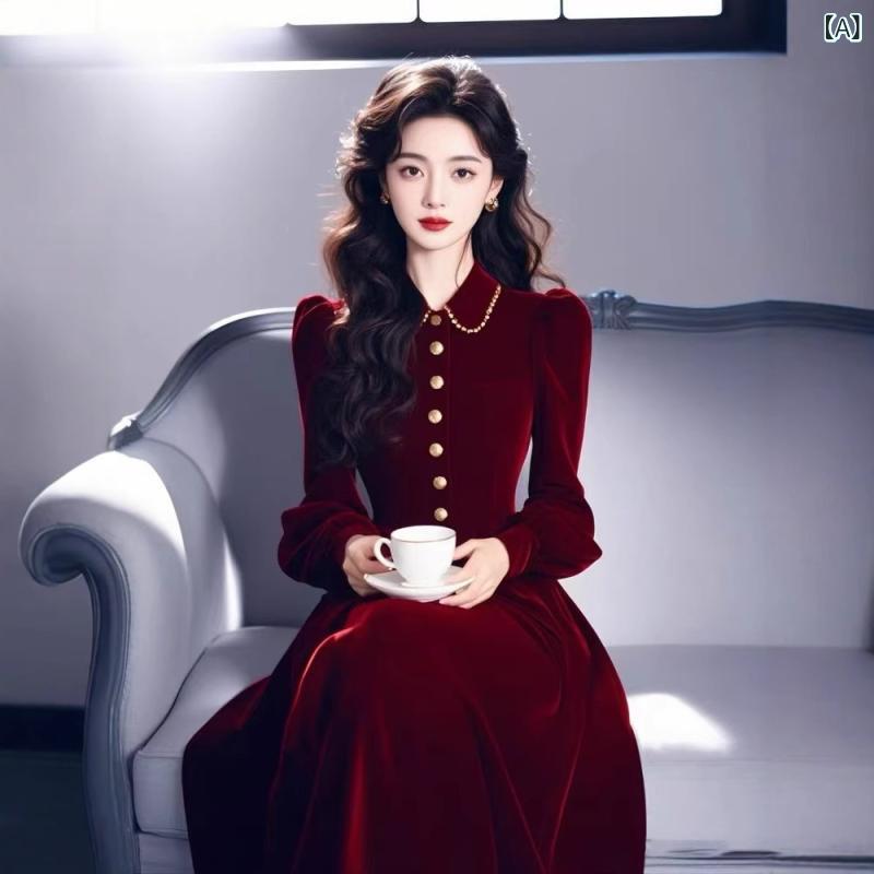 ロングドレス 女性用 秋冬 深紅 ベルベット ロングスリーブ Aライン フォーマル イブニング ガウン パーティー 通勤 普段使い 伸縮性 ..