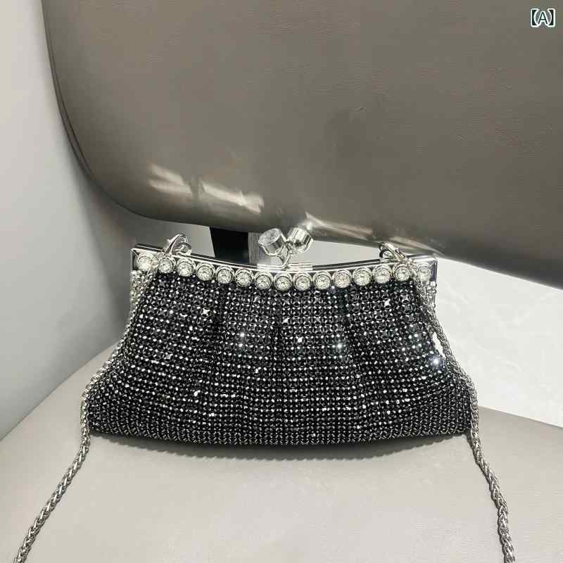 女性用 ハンドバッグ ミニバッグ 手持ちバッグ チェーンショルダーバッグ 貝殻型 クラッチバッグ キラキラ水晶装飾 ロック式開閉 中硬度 ブラック ゴールド ピンク系 シルバー 春用 清新 かわいい 普段使い ショルダー