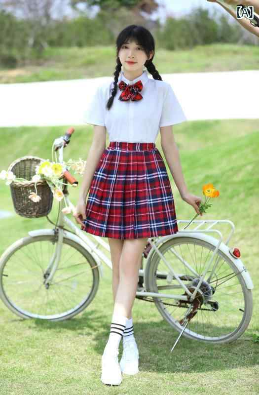 セットアップ レディース 半袖 白シャツ プリーツスカート リボン 5点セット 制服風 スクールガール風 通学 合唱 発表会 イベント コスプレ