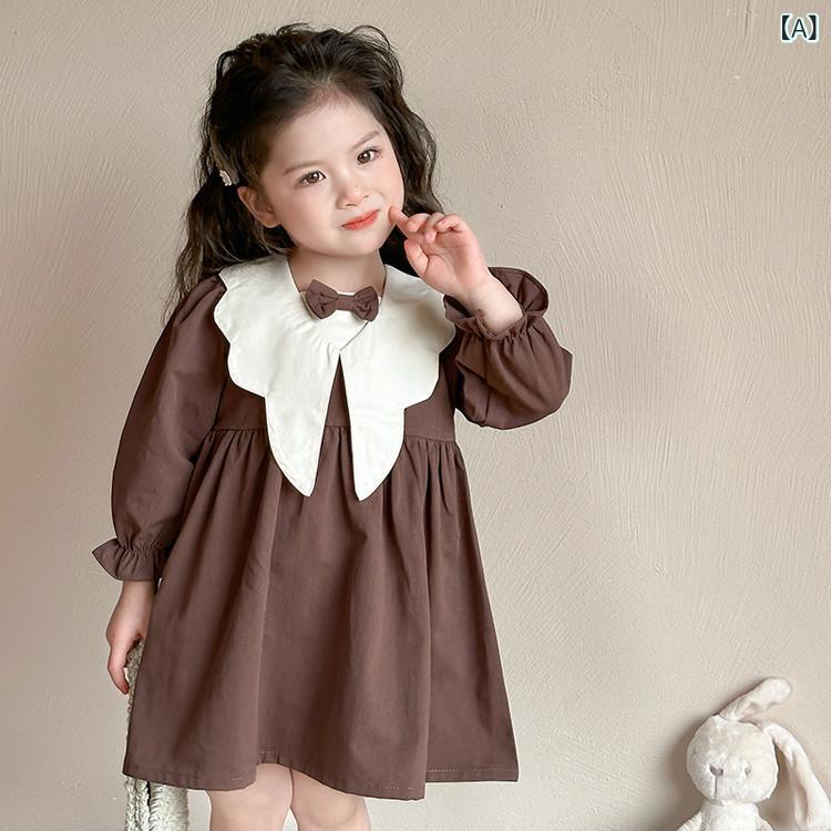 ・カテゴリ: ワンピース・スタイル: 学院風・性別: 女の子用・主な素材: 綿91-95%・対象年齢: 中大童（8歳以上、身長140cm以上）・柄: 無地・生地加工: 柔軟処理・着用シーズン: 春、秋・袖丈: 長袖・スカート丈: プリンセスライン・裏地素材: 綿91-95%・要素: レトロ・カラー展開: コーヒー、カーキ・身長目安: 90cm、100cm、110cm、120cm、130cm、140cm