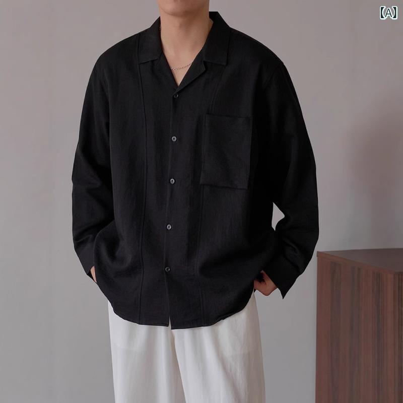 シャツ メンズ 男性用 春秋 秋冬 軽熟 休闲 開襟 翻領 長袖 ワイド ゆったり 無地 純色 抗皺 垂感 免烫 ポリエステル 涤纶 ブラック ホワイト トップス 上衣 百搭 通勤 普段使い