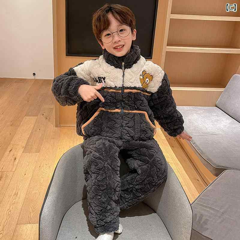 男の子 子供 パジャマ 冬用 厚手 三層綿 珊瑚絨 恐龍プリント ホームウェア 保暖 ...