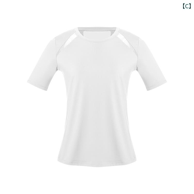 レディース ヨガトップス 網纱 切り替え 短袖 Tシャツ 修身 速乾 吸湿速乾 接触冷...
