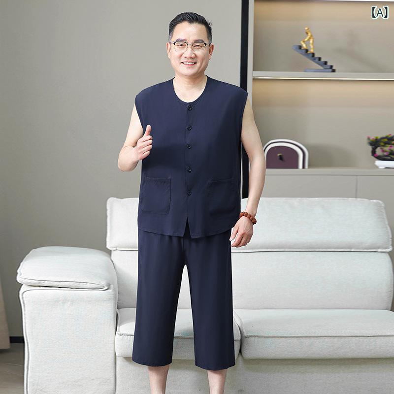 メンズ 背心 七分パンツ セット 老年男性用 夏 綿 再生繊維 無袖 開衫 薄手 透気性 快適 居家 部屋着 シンプル カジュアル ネイビー グレー ライトグレー