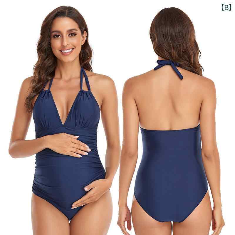 narukiのマタニティ ワンピース水着 女性用 無袖 深Vネック 背中開き スリム効果 紐掛け 純色 セクシー タイト 高伸縮 耐久 接触冷感 ポリエステル 酒红色 ネイビー ブラック プール ビーチ 妊娠中 授乳対応｜アングル2