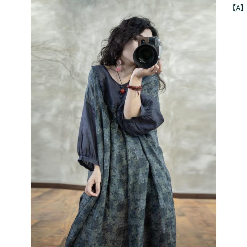 Midi-length A-line dress, three-quarter sleeves, ramie and cotton blend, cooling fabric, contrasting floral print, ruffles, ribbon detail, set-up style, loose fit, bohemian, retro style.