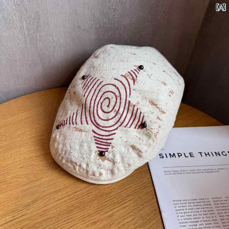 ・カテゴリ: キャップ・帽子のスタイル: フラットトップ・つばのスタイル: ショートつば・カラー展開: ベージュ、グレー・サイズ展開: M（55-58cm）・機能: UVカット、日よけ・主な素材: 綿31-50%混紡・スタイル: レトロヴィンテージ風・加工: プリント・柄: 形状、パターン